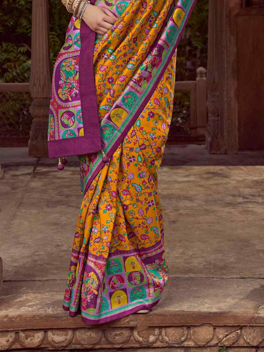 Mustard Silk Kalamkari Printed Festival Wedding Fancy Heavy Border Saree