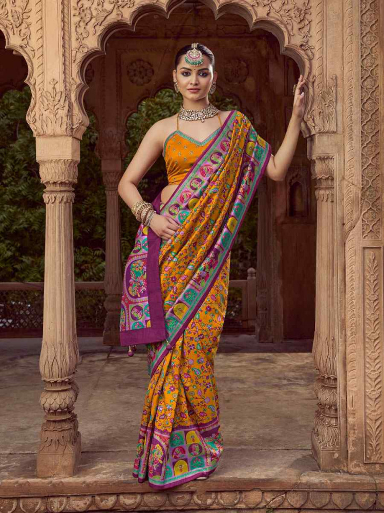 Image of Mustard Silk Kalamkari Printed Festival Wedding Fancy Heavy Border Saree