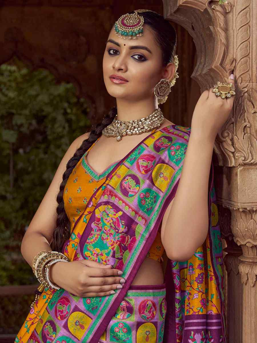 Mustard Silk Kalamkari Printed Festival Wedding Fancy Heavy Border Saree