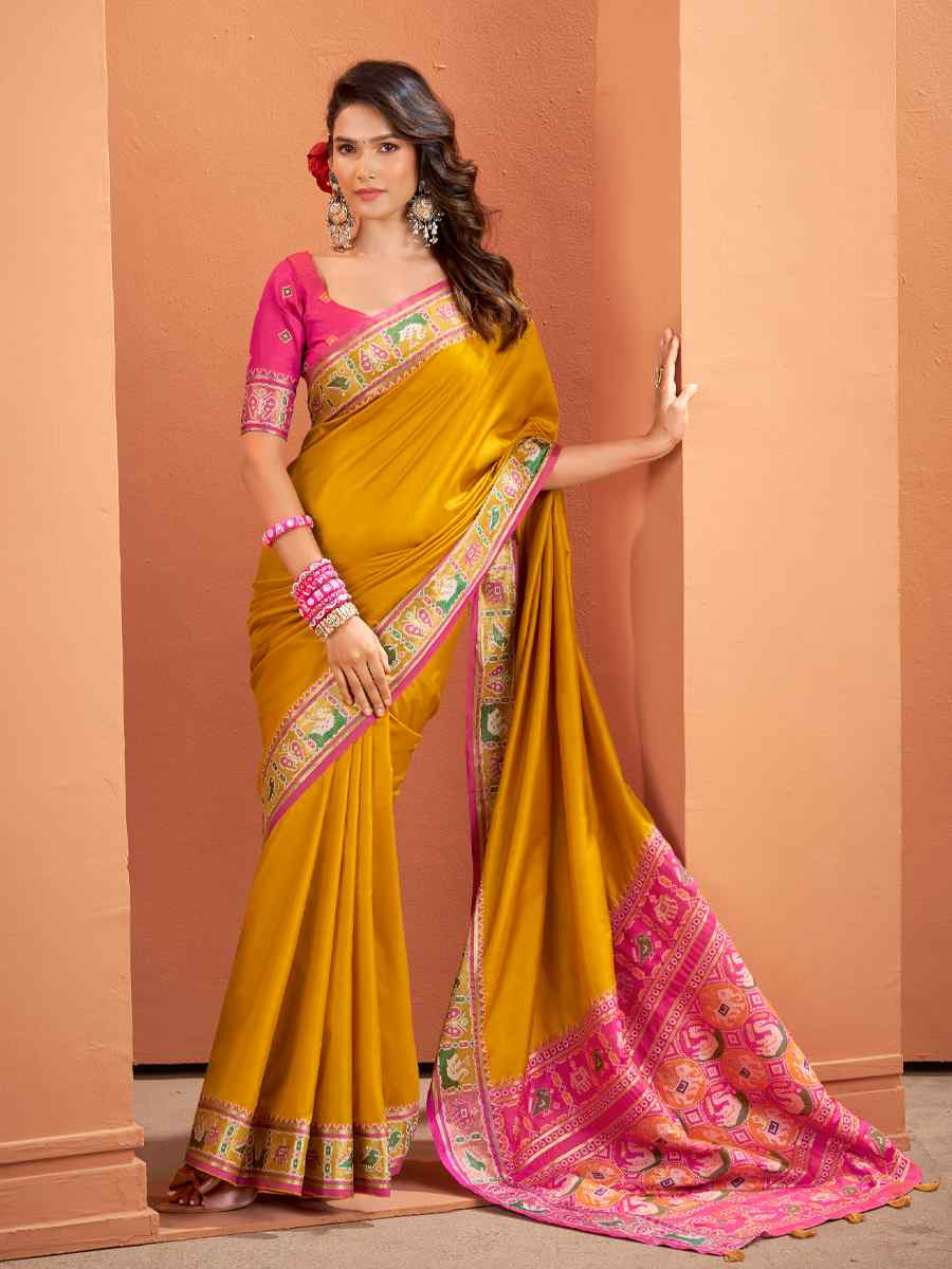 Mustard Silk Patola Handwoven Traditional Bridal Reception Festival Wedding Fancy Heavy Border Saree