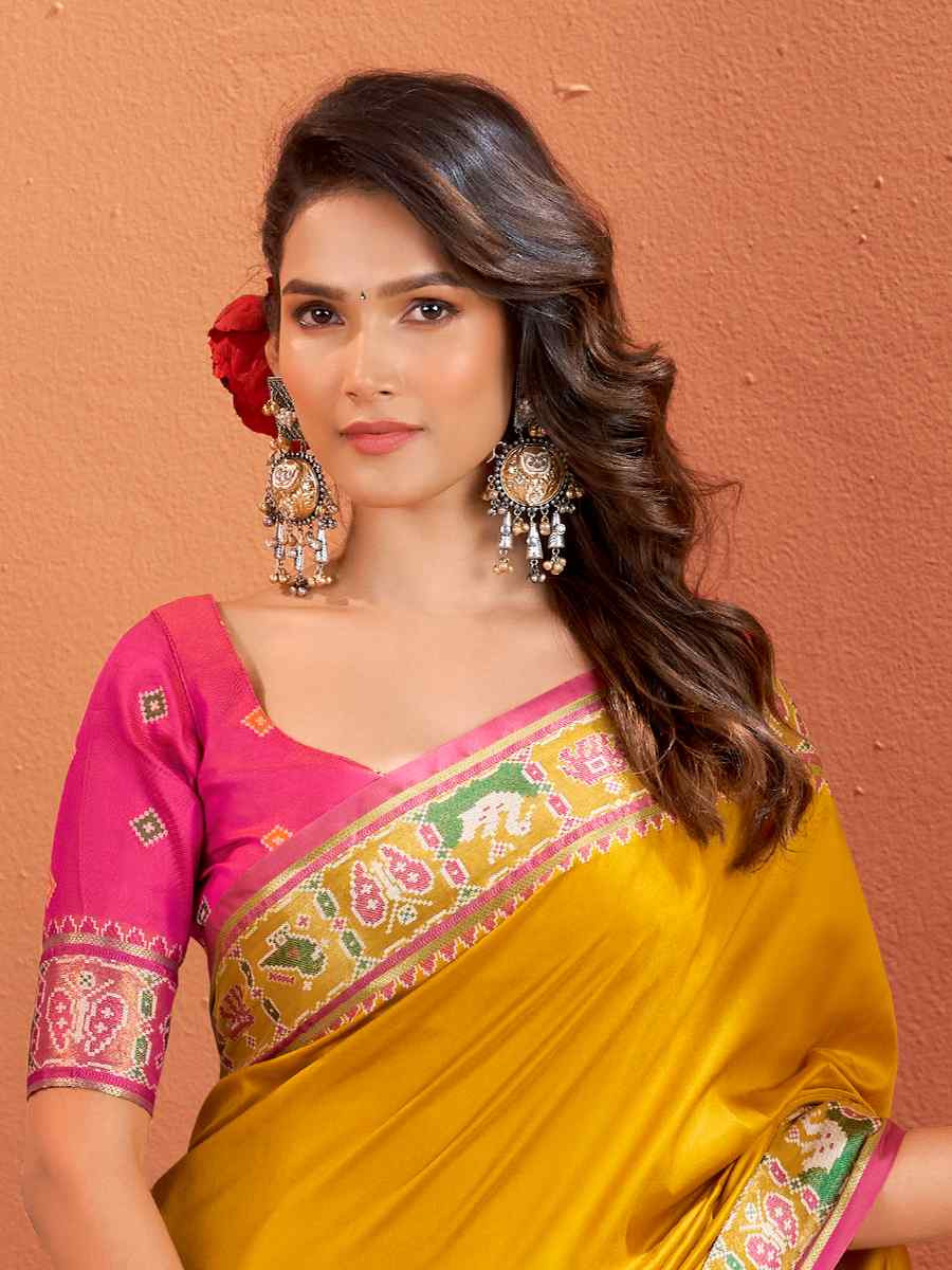 Mustard Silk Patola Handwoven Traditional Bridal Reception Festival Wedding Fancy Heavy Border Saree