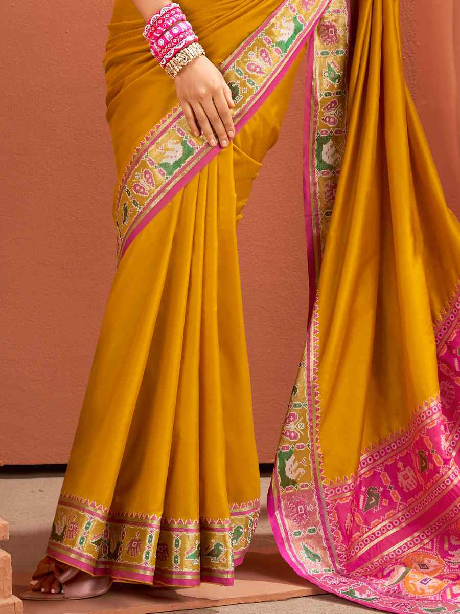 Mustard Silk Patola Handwoven Traditional Bridal Reception Festival Wedding Fancy Heavy Border Saree