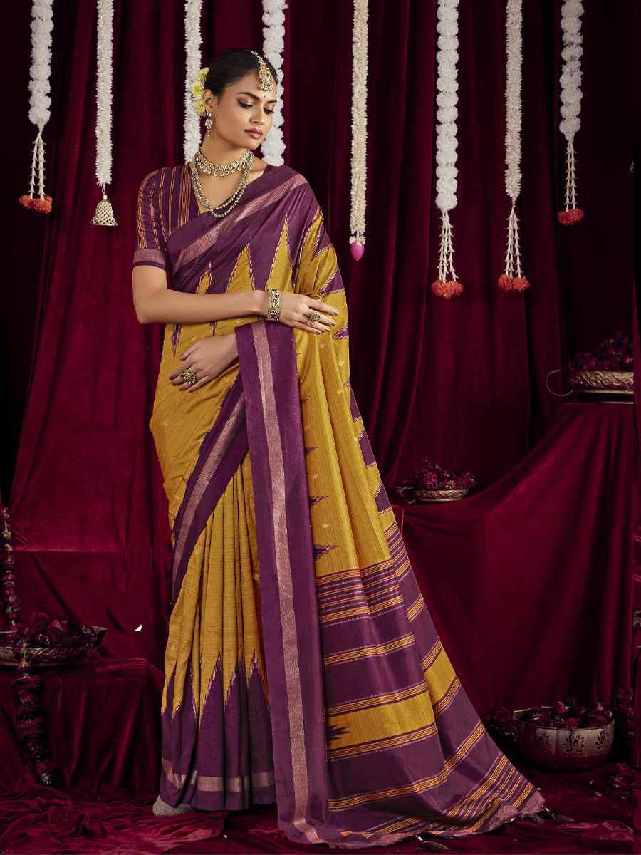 Mustard Silk Printed Bridal Reception Festival Wedding Fancy Heavy Border Saree