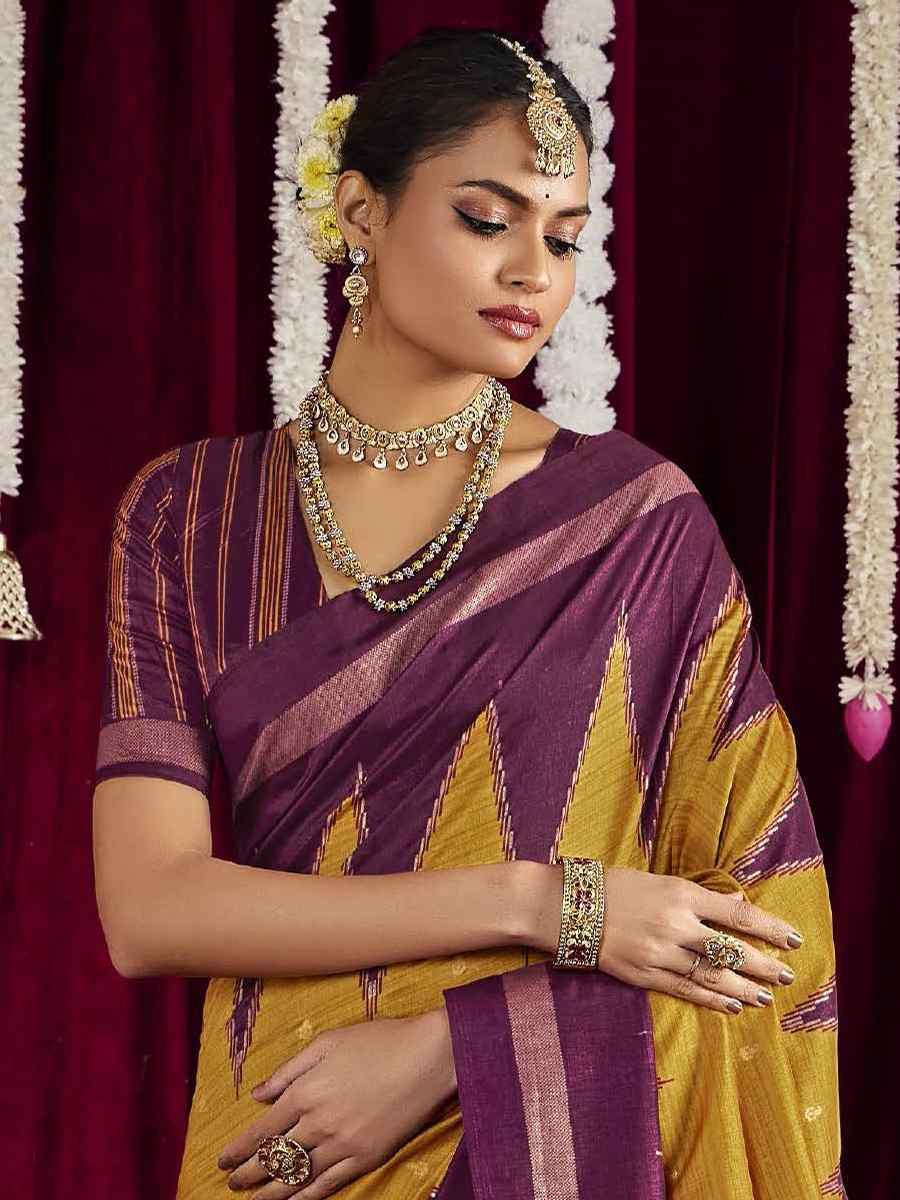 Mustard Silk Printed Bridal Reception Festival Wedding Fancy Heavy Border Saree