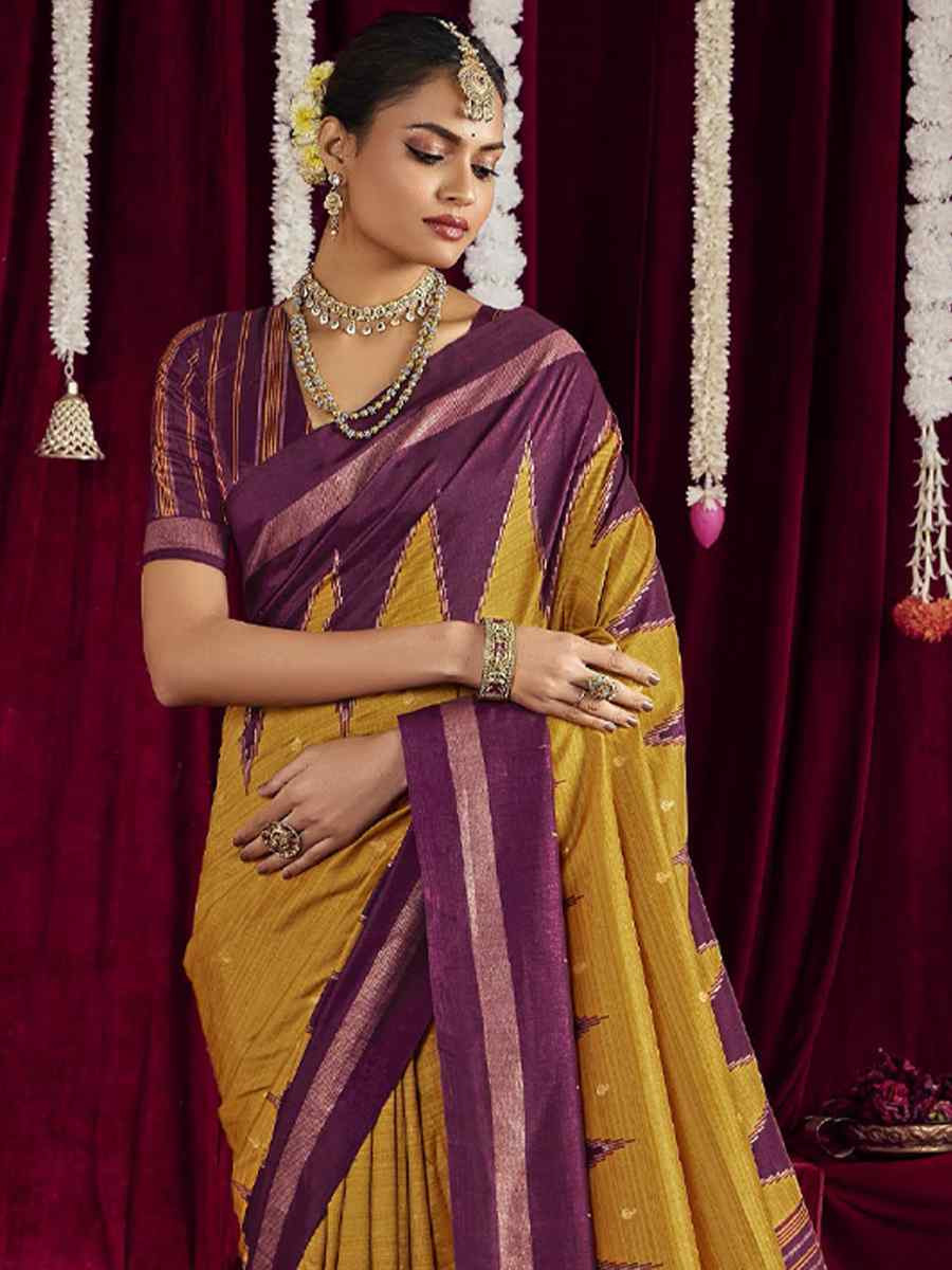 Mustard Silk Printed Bridal Reception Festival Wedding Fancy Heavy Border Saree
