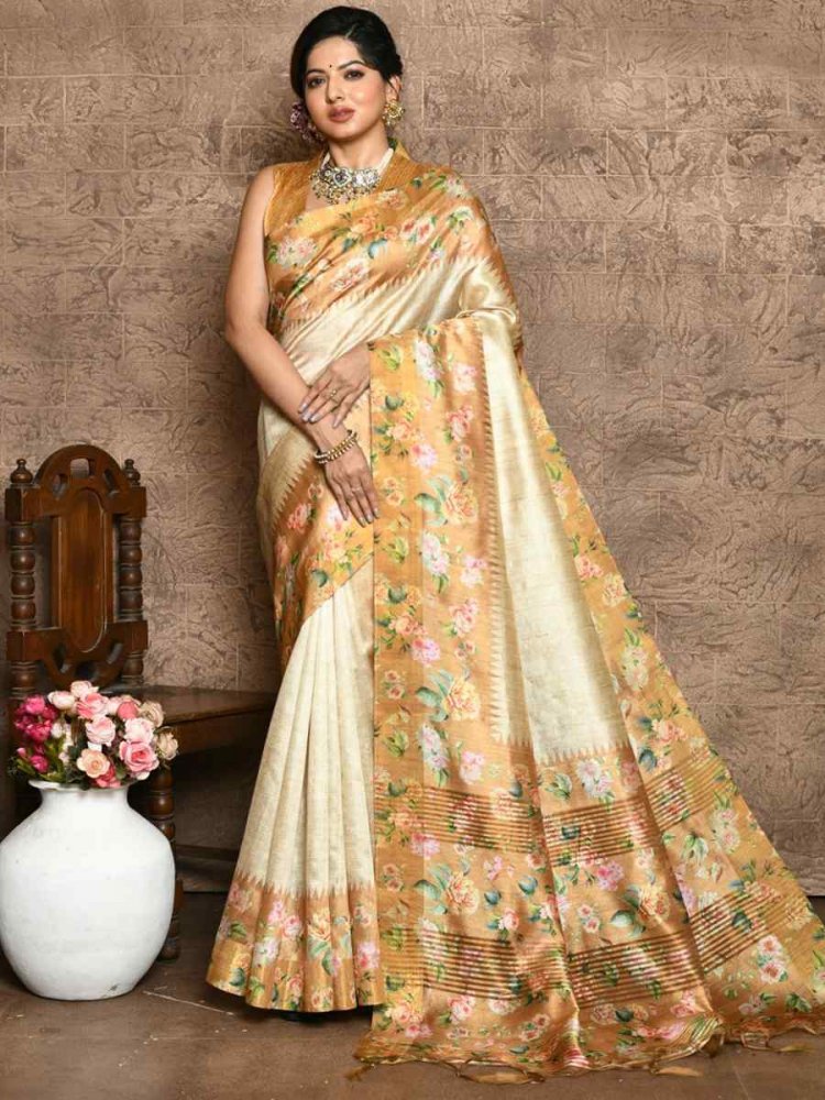 Mustard Silk Printed Casual Festival Contemporary Saree