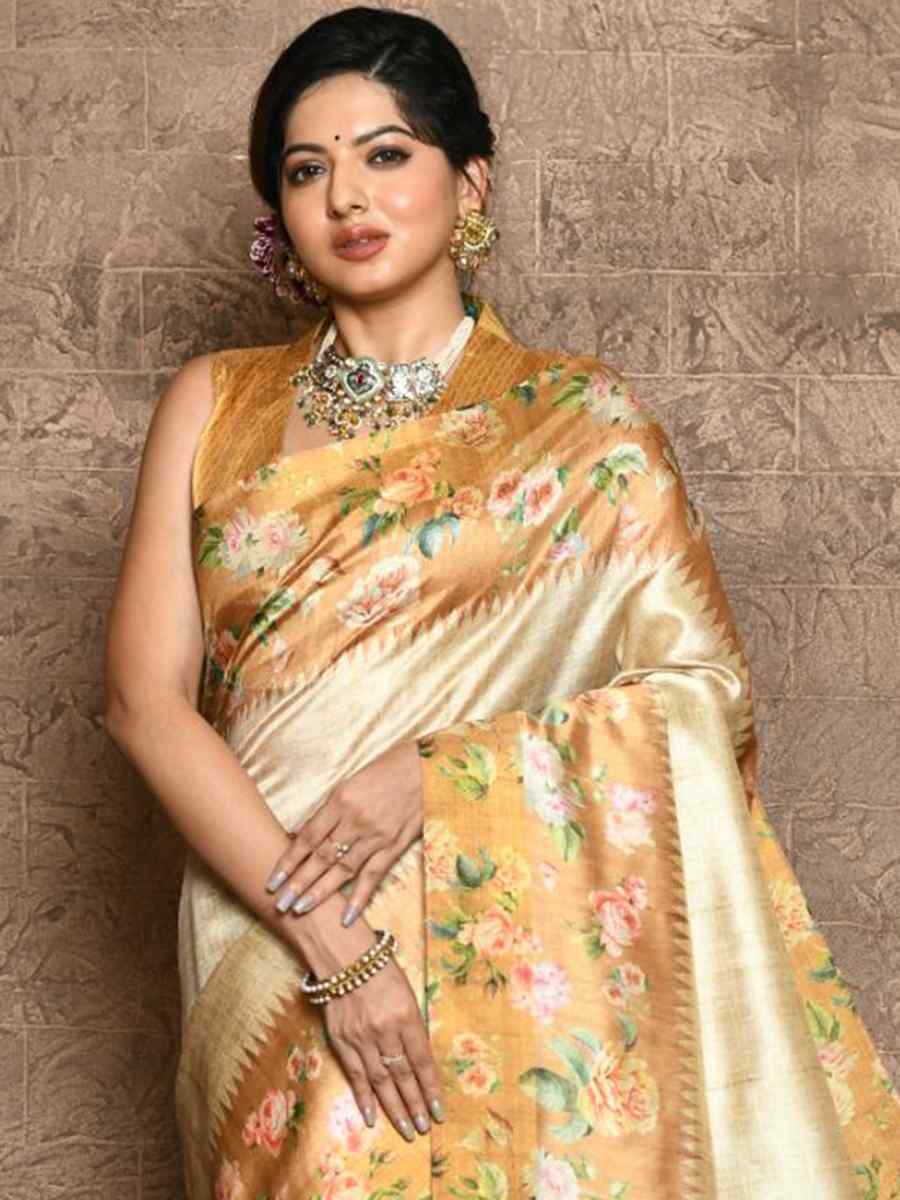 Mustard Silk Printed Casual Festival Contemporary Saree