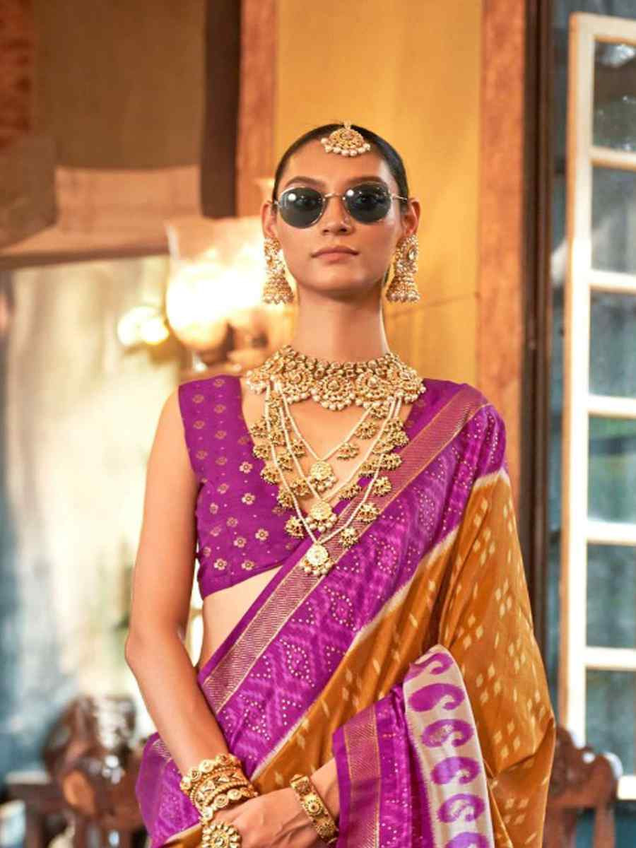 Mustard Silk Printed Festival Wedding Fancy Heavy Border Saree