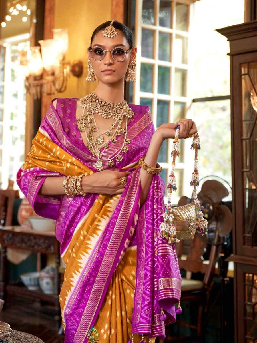 Mustard Silk Printed Festival Wedding Fancy Heavy Border Saree