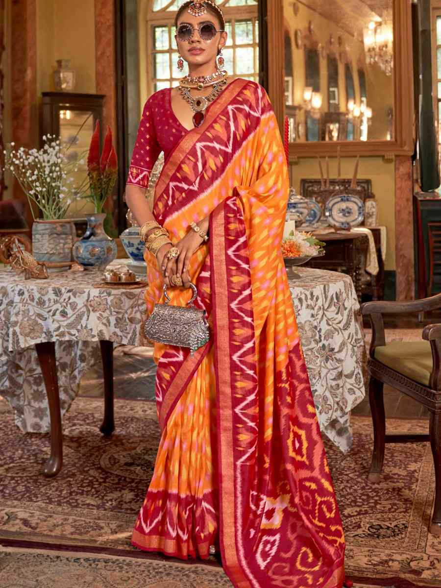 Mustard Silk Printed Festival Wedding Fancy Heavy Border Saree