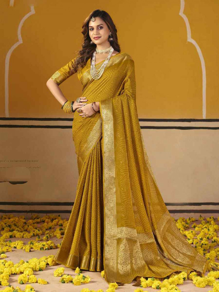 Image of Mustard Silk Printed Handwoven Casual Reception Festival Wedding Fancy Classic Style Sarees