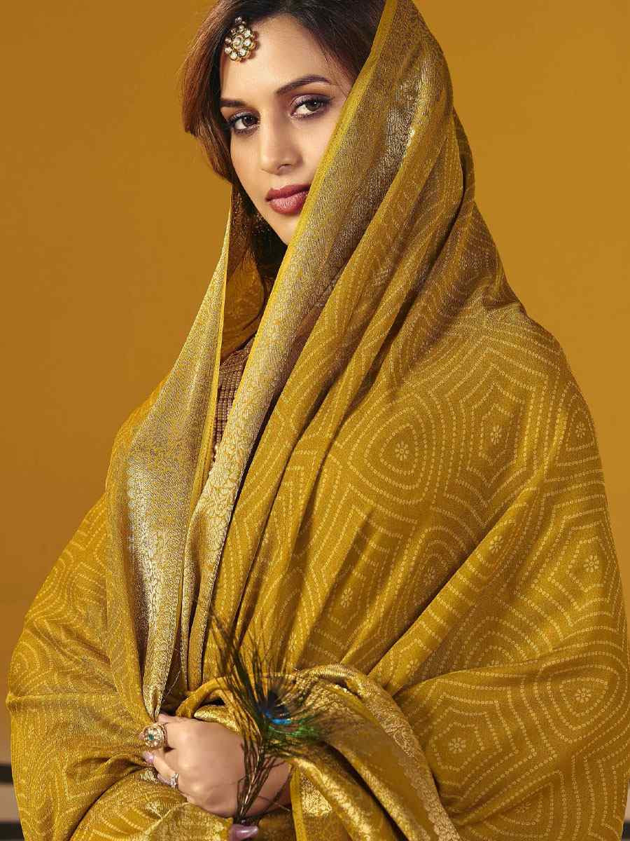 Mustard Silk Printed Handwoven Casual Reception Festival Wedding Fancy Classic Style Sarees