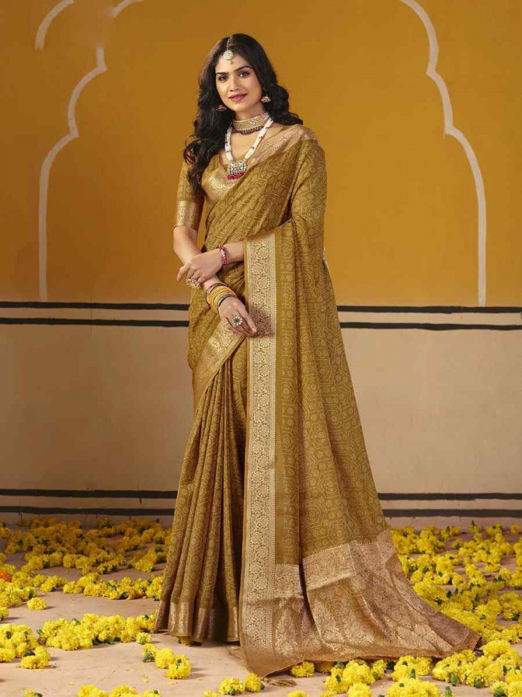 Image of Mustard Silk Printed Handwoven Casual Reception Festival Wedding Fancy Classic Style Sarees