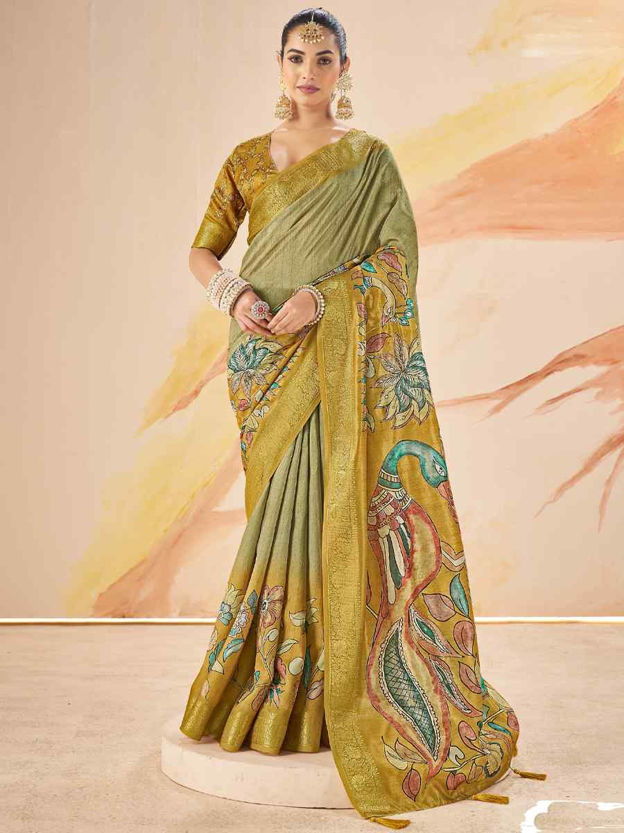 Mustard Silk Printed Handwoven Traditional Bridal Reception Festival Wedding Fancy Classic Style Sarees