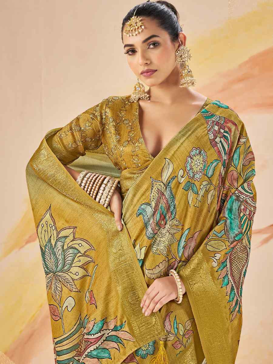 Mustard Silk Printed Handwoven Traditional Bridal Reception Festival Wedding Fancy Classic Style Sarees