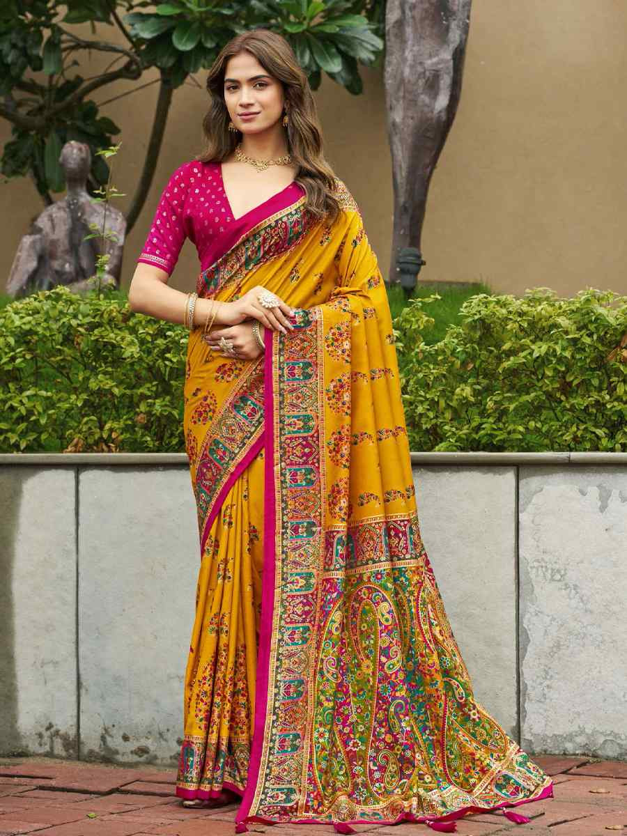 Mustard Silk Printed Handwoven Traditional Bridal Reception Festival Wedding Fancy Classic Style Sarees