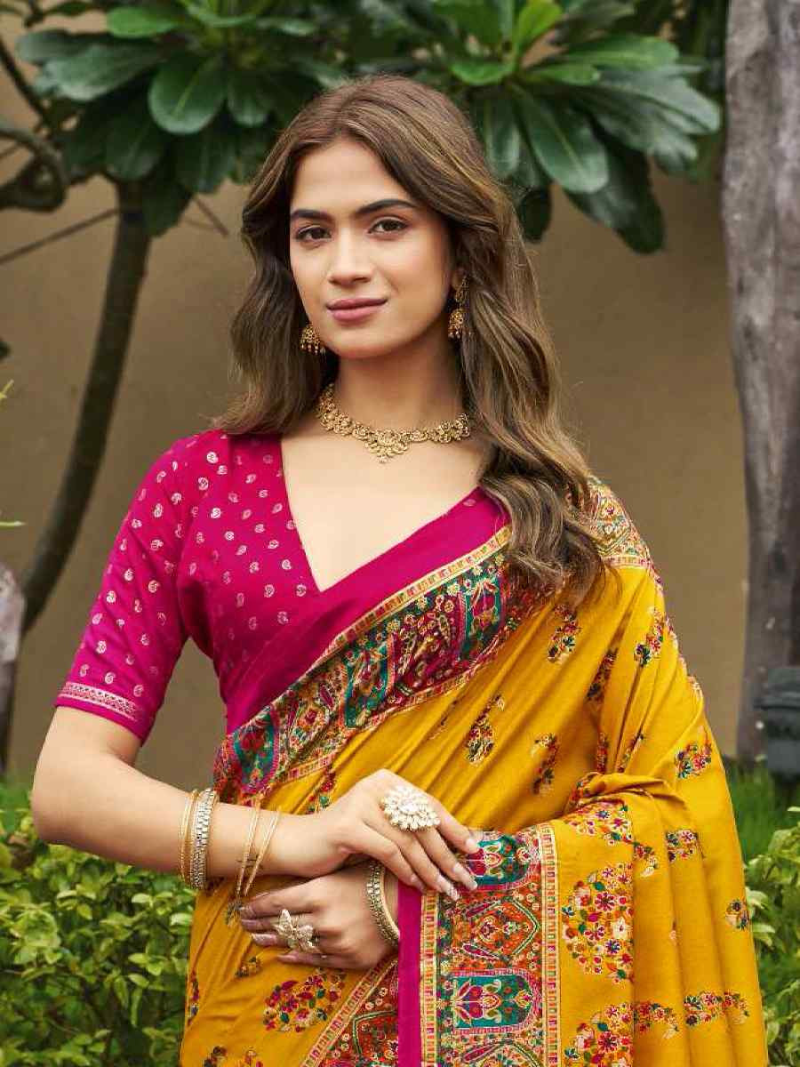 Mustard Silk Printed Handwoven Traditional Bridal Reception Festival Wedding Fancy Classic Style Sarees