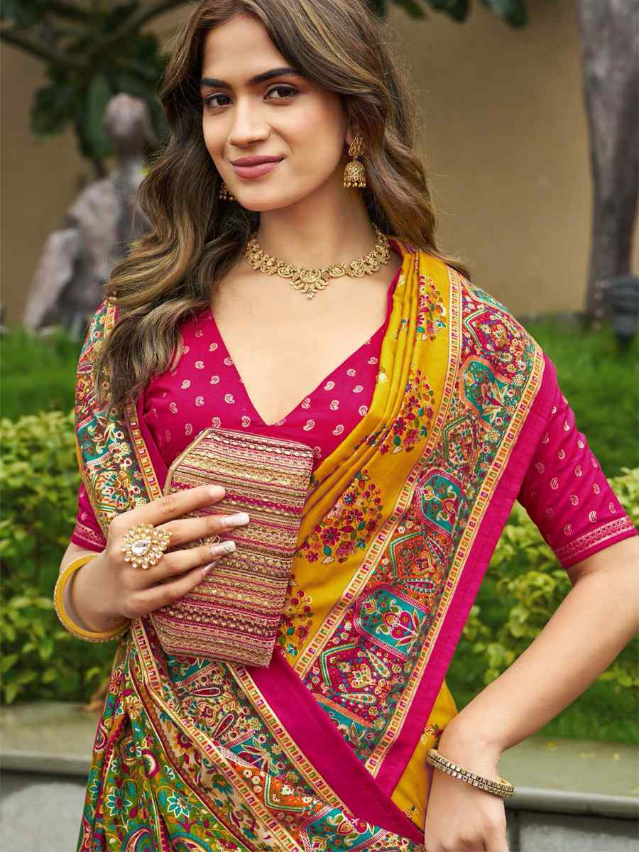 Mustard Silk Printed Handwoven Traditional Bridal Reception Festival Wedding Fancy Classic Style Sarees