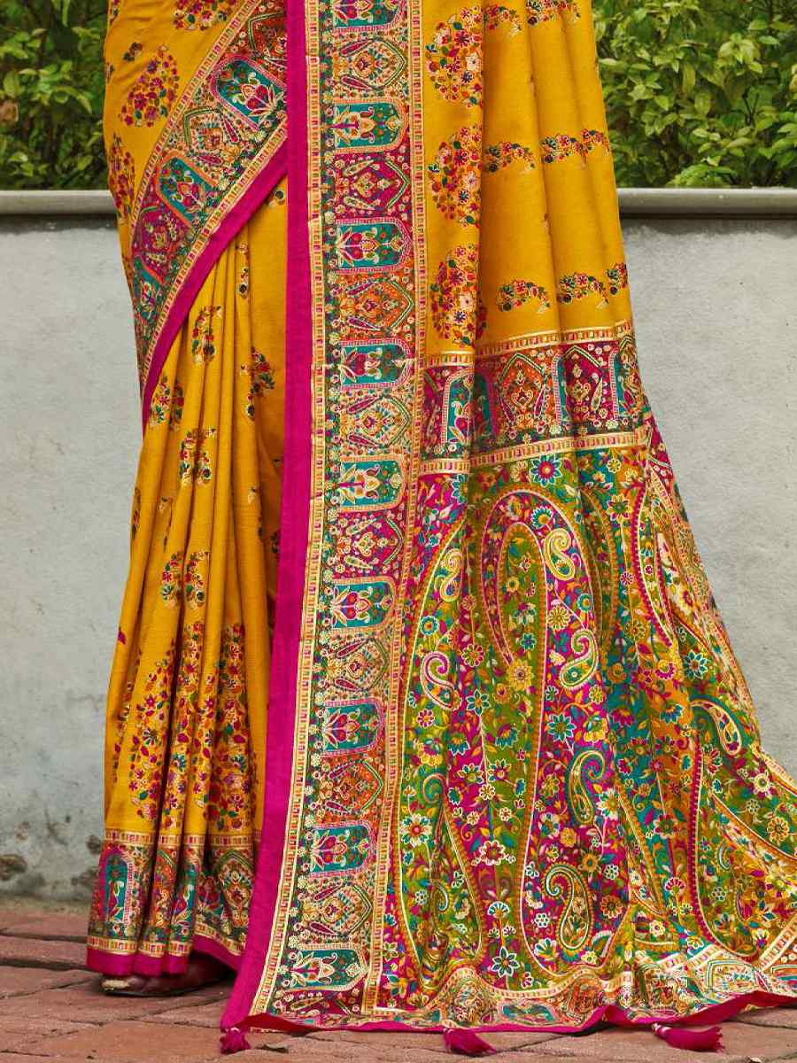 Mustard Silk Printed Handwoven Traditional Bridal Reception Festival Wedding Fancy Classic Style Sarees