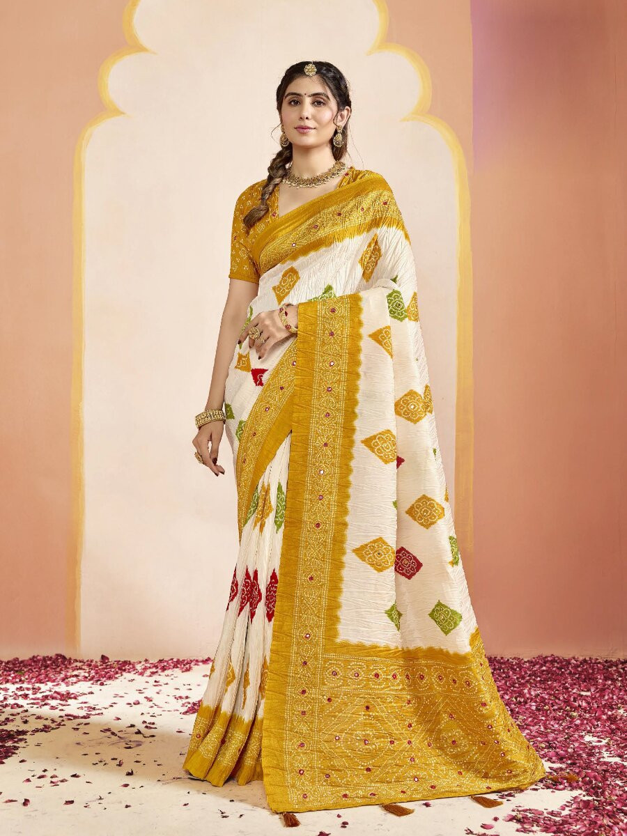 Mustard Silk Printed Stone Work Wedding Reception Party Festival Casual Heavy Border Sarees