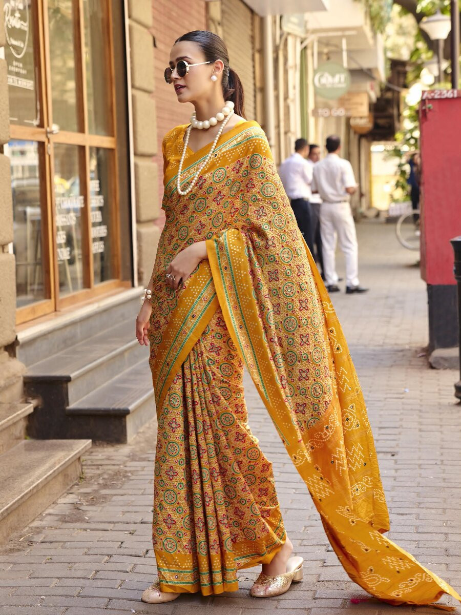 Mustard Silk Printed Wedding Reception Party Festival Casual Heavy Border Sarees