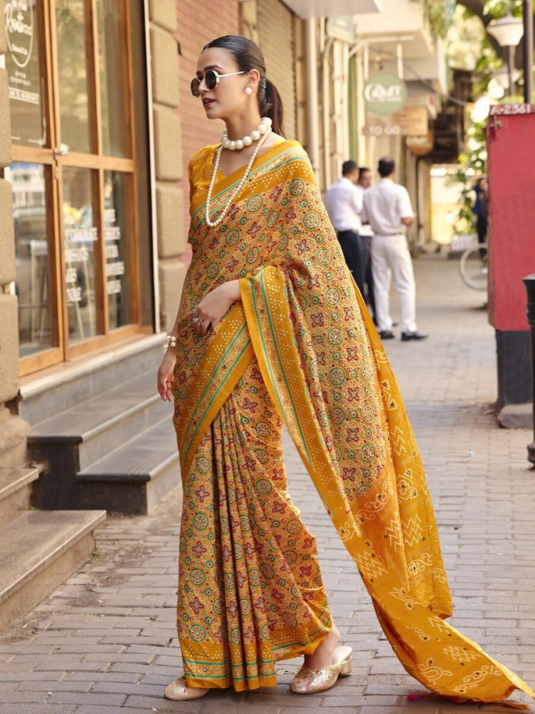 Image of Mustard Silk Printed Wedding Reception Party Festival Casual Heavy Border Sarees