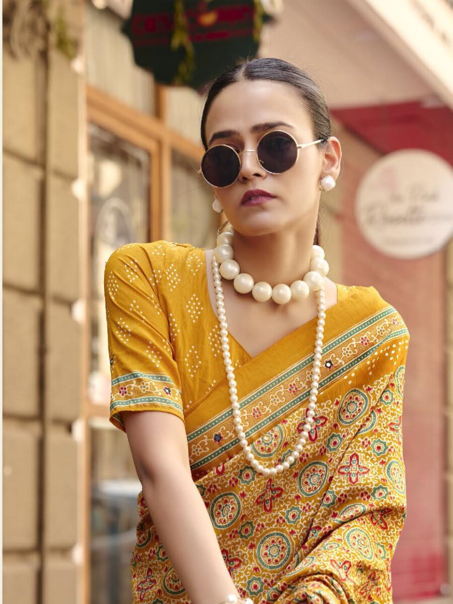 Mustard Silk Printed Wedding Reception Party Festival Casual Heavy Border Sarees