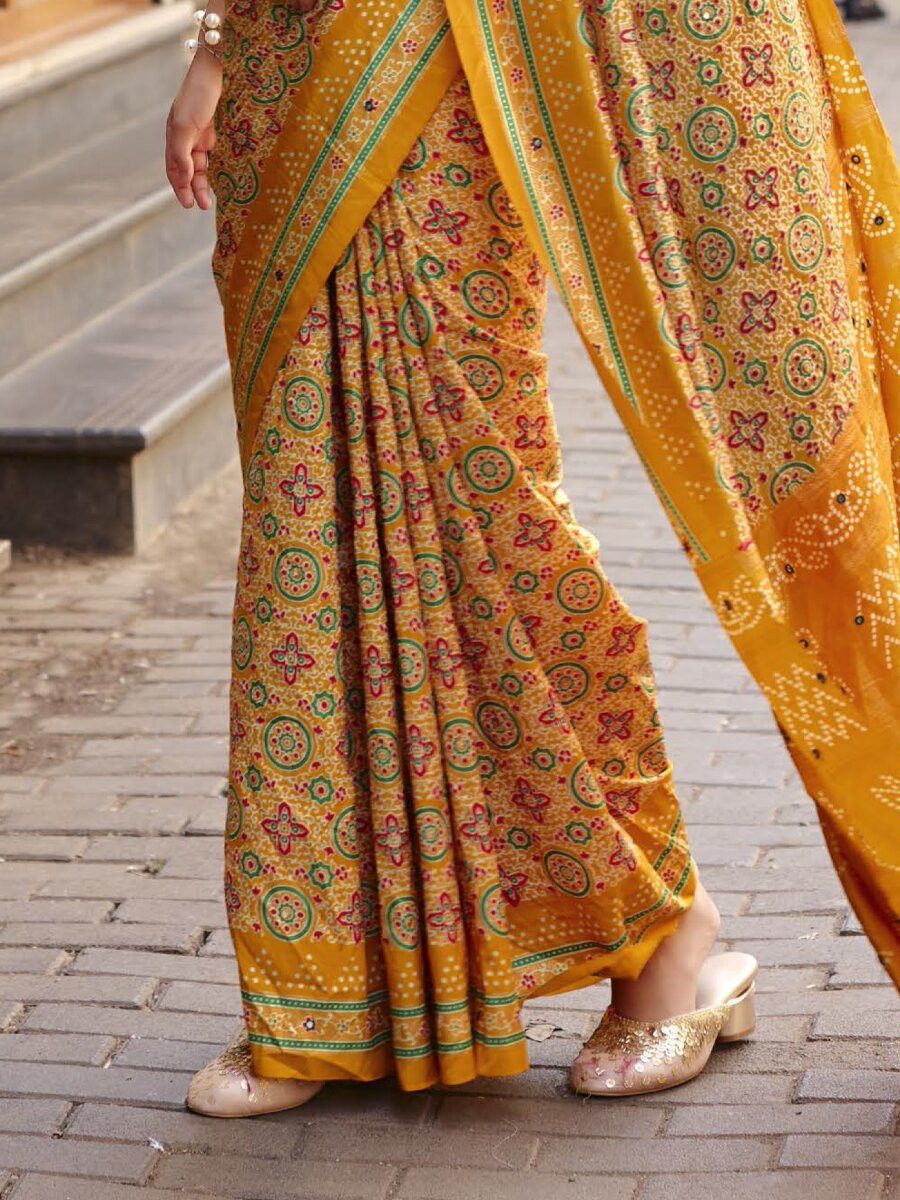 Mustard Silk Printed Wedding Reception Party Festival Casual Heavy Border Sarees