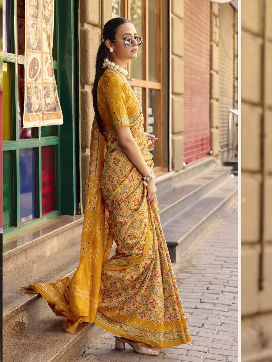 Mustard Silk Printed Wedding Reception Party Festival Casual Heavy Border Sarees