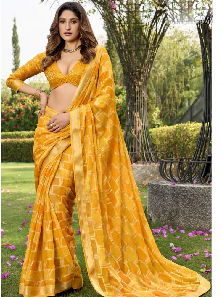 Image of Mustard Silk Printed Wedding Reception Party Festival Casual Heavy Border Sarees