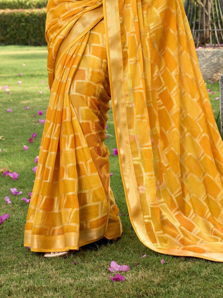 Mustard Silk Printed Wedding Reception Party Festival Casual Heavy Border Sarees