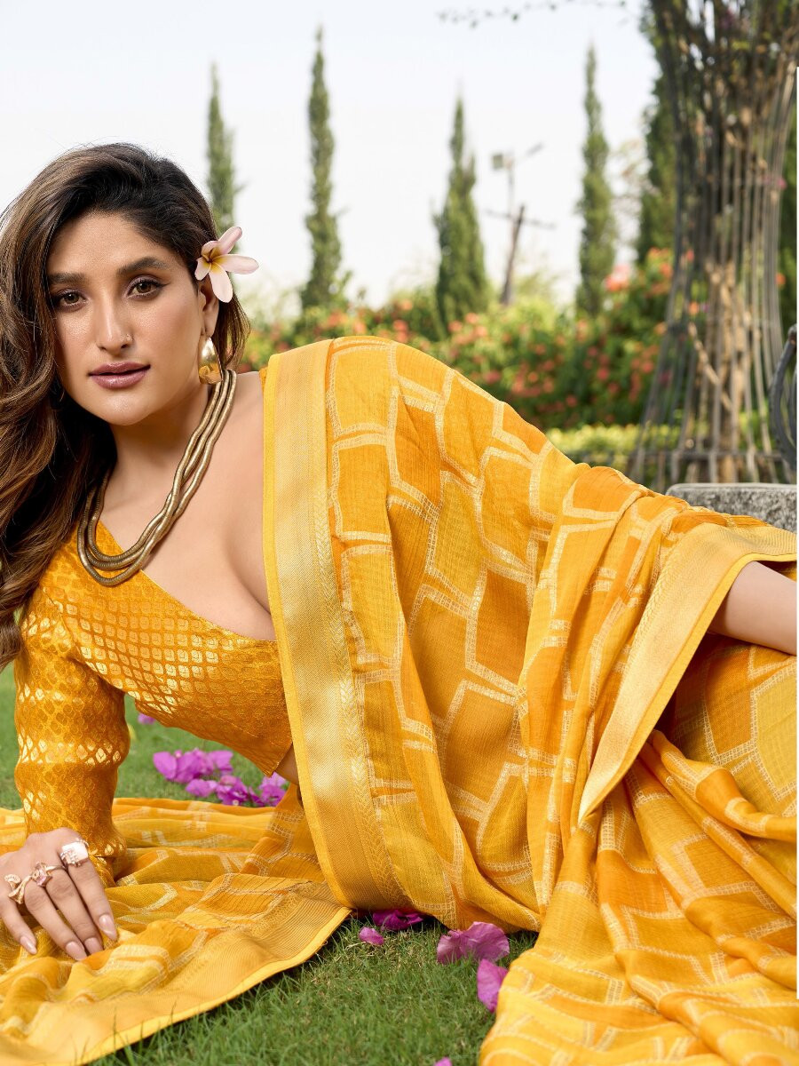 Mustard Silk Printed Wedding Reception Party Festival Casual Heavy Border Sarees