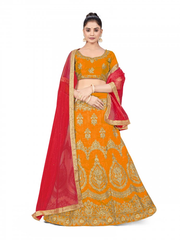 Mustard Silk Satin Net Embroidered Festival Wedding Heavy Border Lehenga Choli