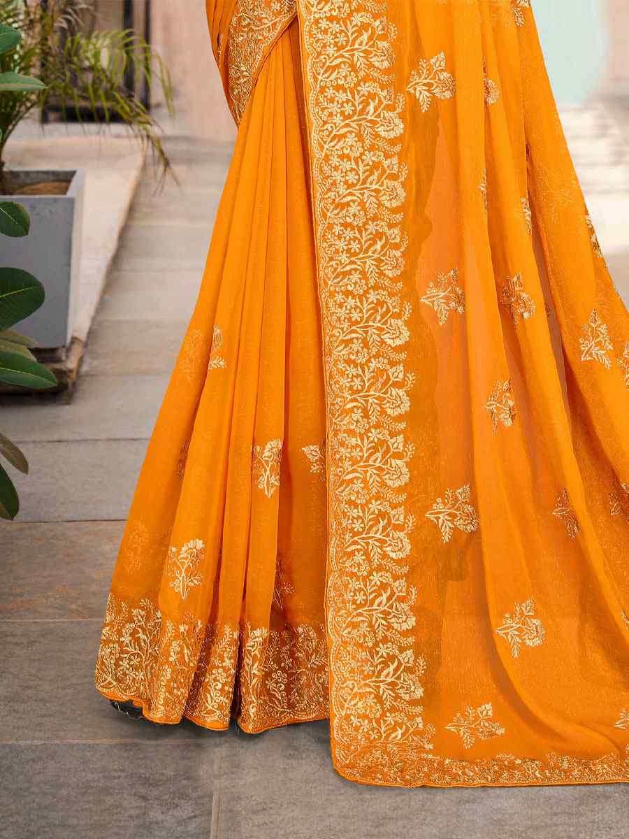 Mustard Silk Simmer Embroidered Wedding Festival Heavy Border Saree