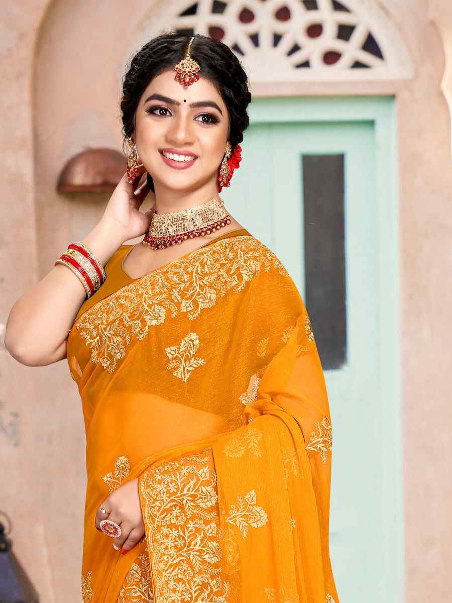 Mustard Silk Simmer Embroidered Wedding Festival Heavy Border Saree
