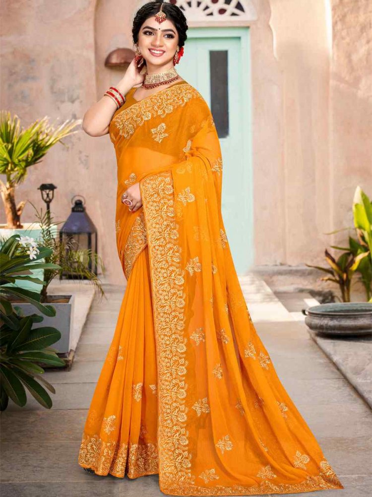 Mustard Silk Simmer Embroidered Wedding Festival Heavy Border Saree