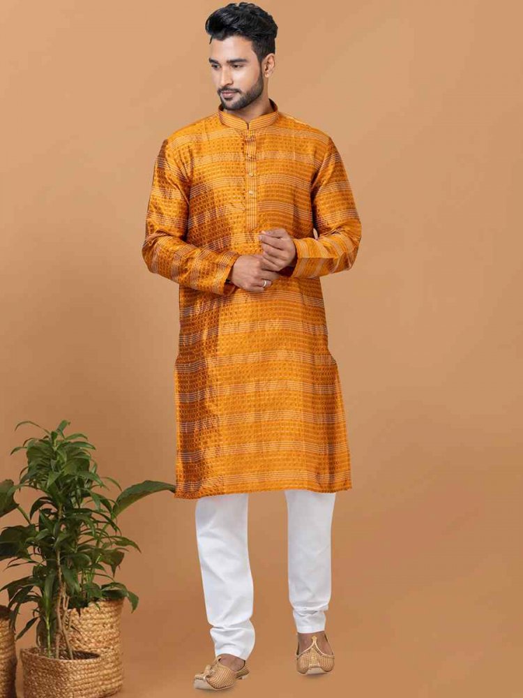 Mustard Silk Woven Festival Wedding Sherwani