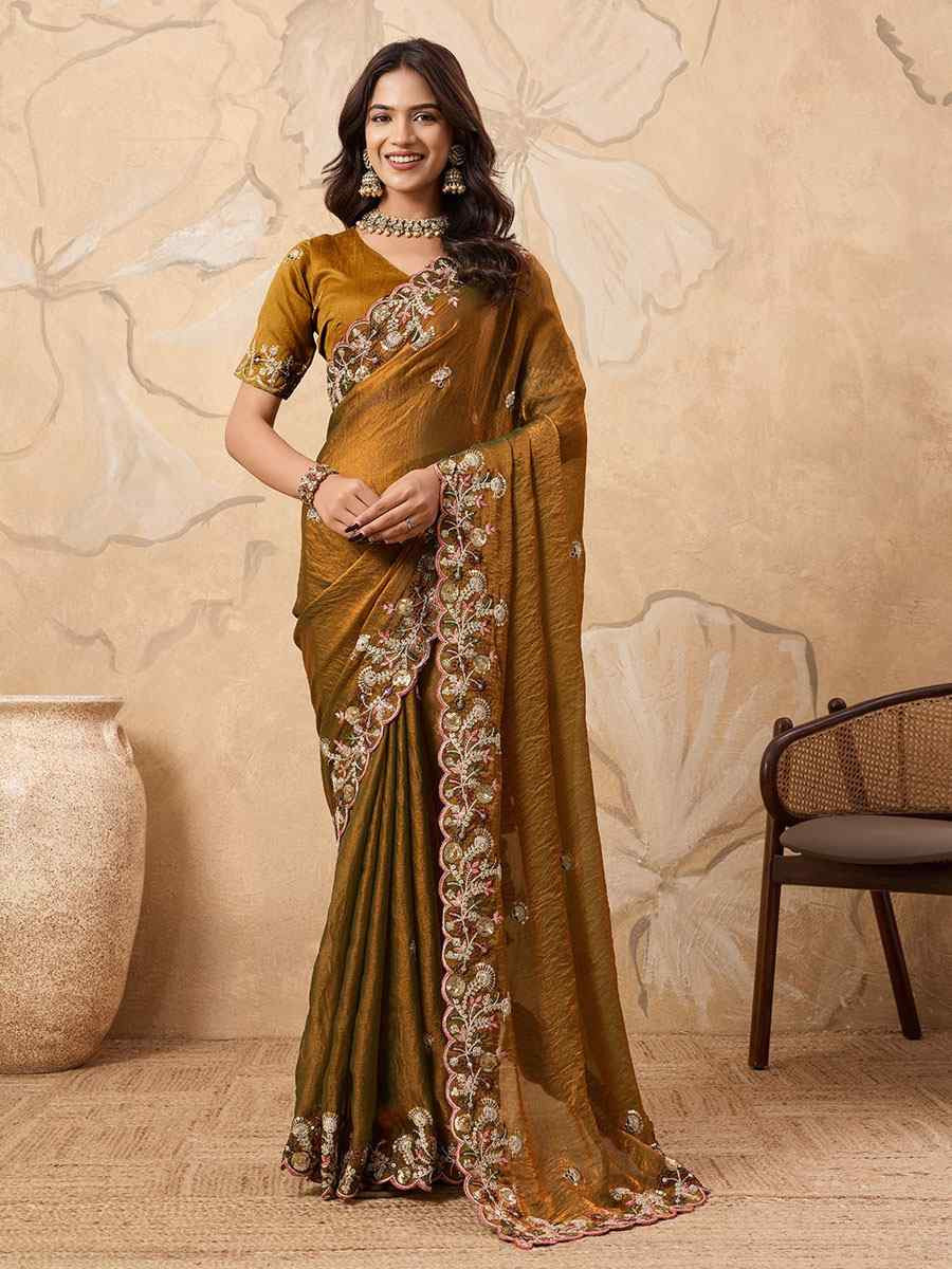 Mustard Soft Fendy Chiffon Embroidery Festival Wedding Fancy Heavy Border Saree