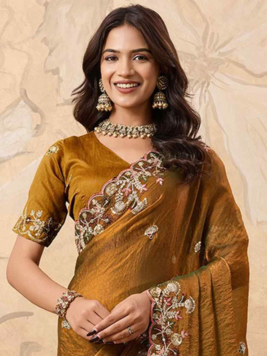 Mustard Soft Fendy Chiffon Embroidery Festival Wedding Fancy Heavy Border Saree