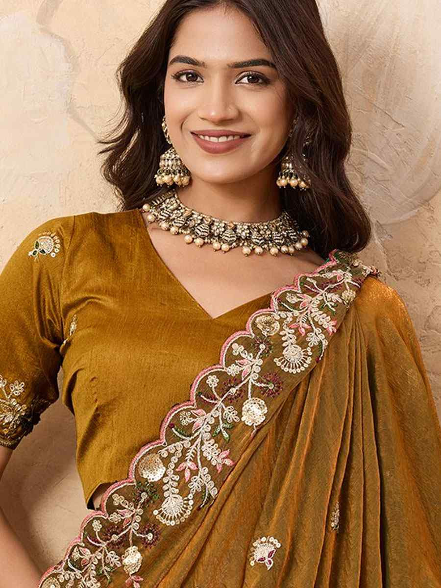 Mustard Soft Fendy Chiffon Embroidery Festival Wedding Fancy Heavy Border Saree