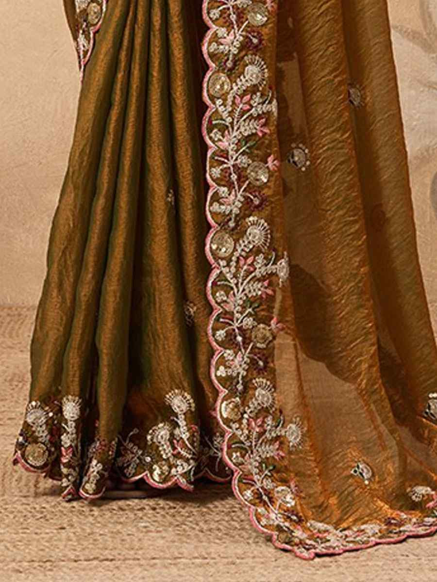 Mustard Soft Fendy Chiffon Embroidery Festival Wedding Fancy Heavy Border Saree