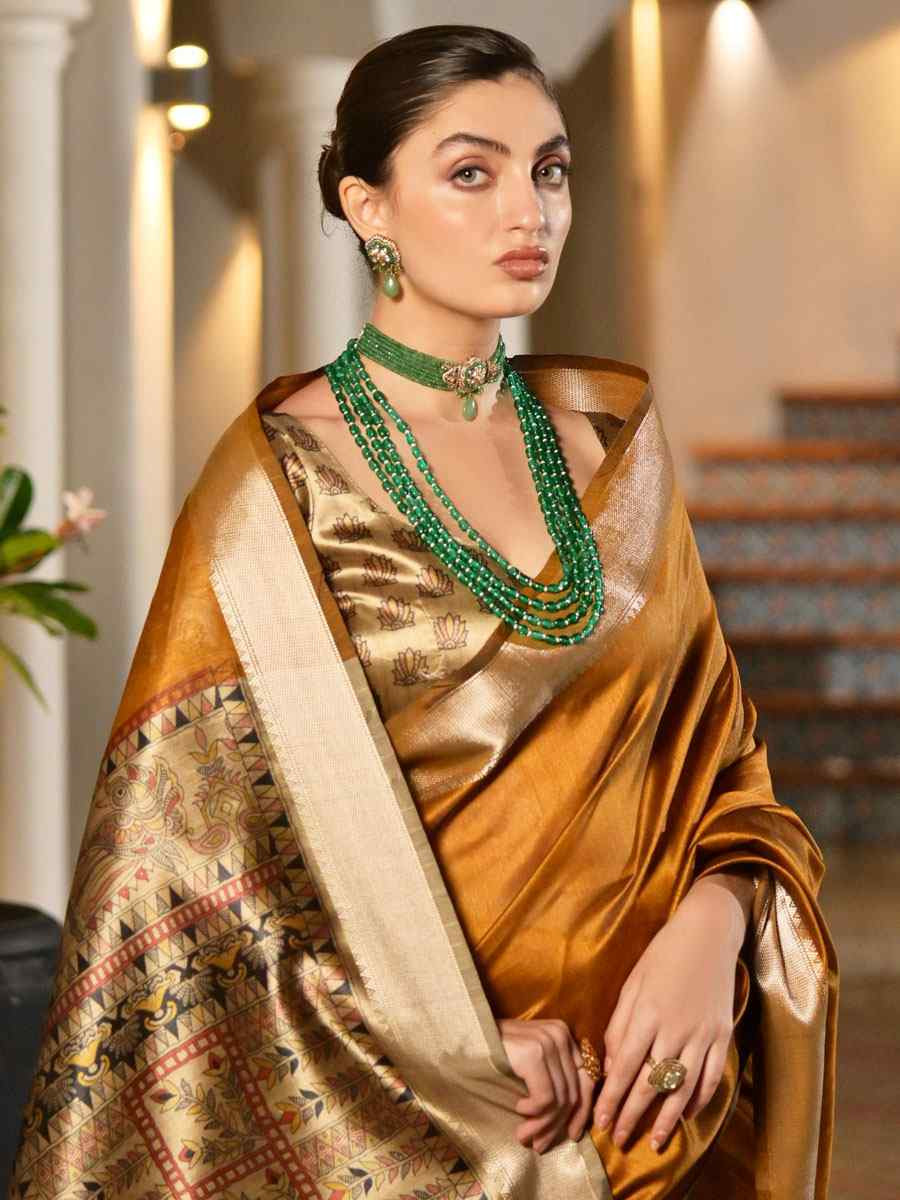 Mustard Soft Khadi Raw Silk Printed Zari Handwoven Festival Wedding Fancy Heavy Border Saree