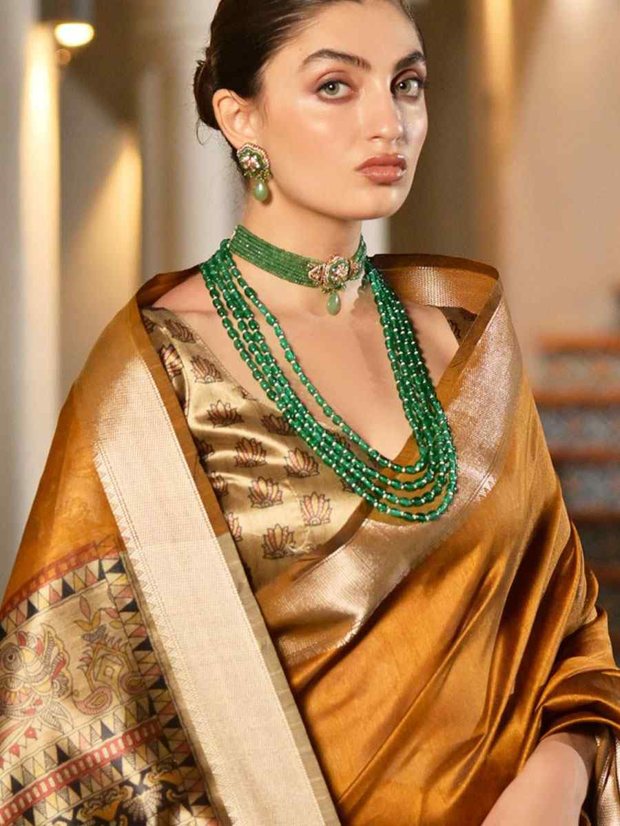 Mustard Soft Khadi Raw Silk Printed Zari Handwoven Festival Wedding Fancy Heavy Border Saree