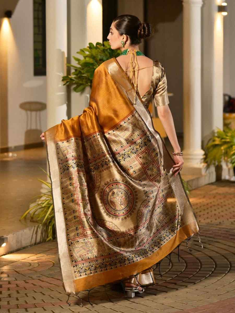 Mustard Soft Khadi Raw Silk Printed Zari Handwoven Festival Wedding Fancy Heavy Border Saree