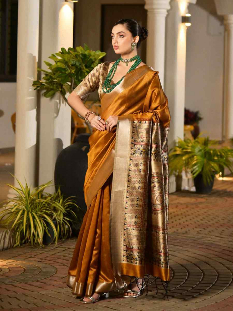Image of Mustard Soft Khadi Raw Silk Printed Zari Handwoven Festival Wedding Fancy Heavy Border Saree