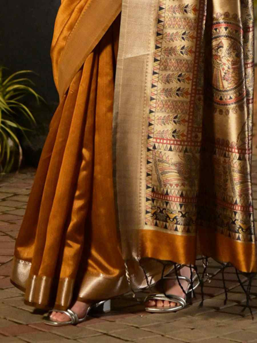 Mustard Soft Khadi Raw Silk Printed Zari Handwoven Festival Wedding Fancy Heavy Border Saree