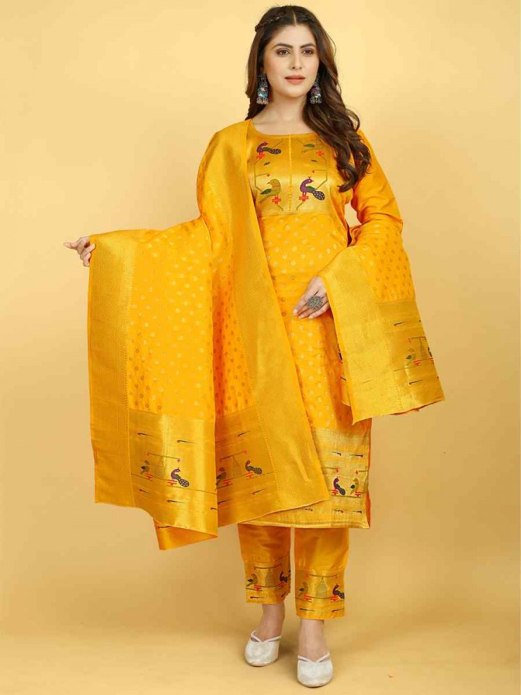 Mustard Soft Silk Handwoven Casual Festival Pant Salwar Kameez