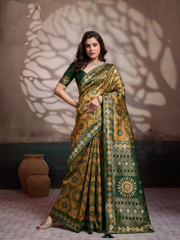 Image of Mustard Soft Silk Zari Meenakari Woven Work Wedding Reception Party Festival Casual Heavy Border Sarees