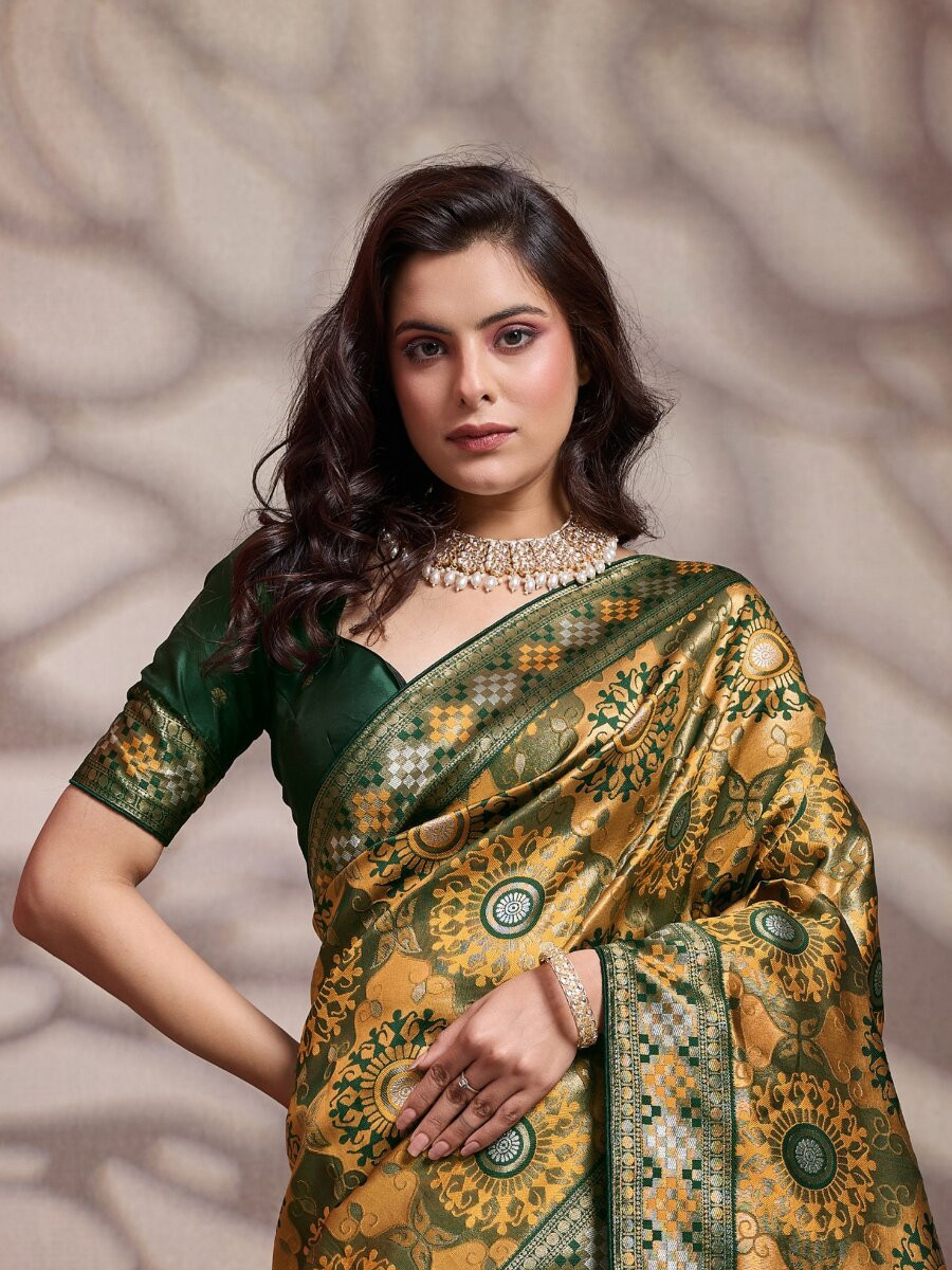 Mustard Soft Silk Zari Meenakari Woven Work Wedding Reception Party Festival Casual Heavy Border Sarees