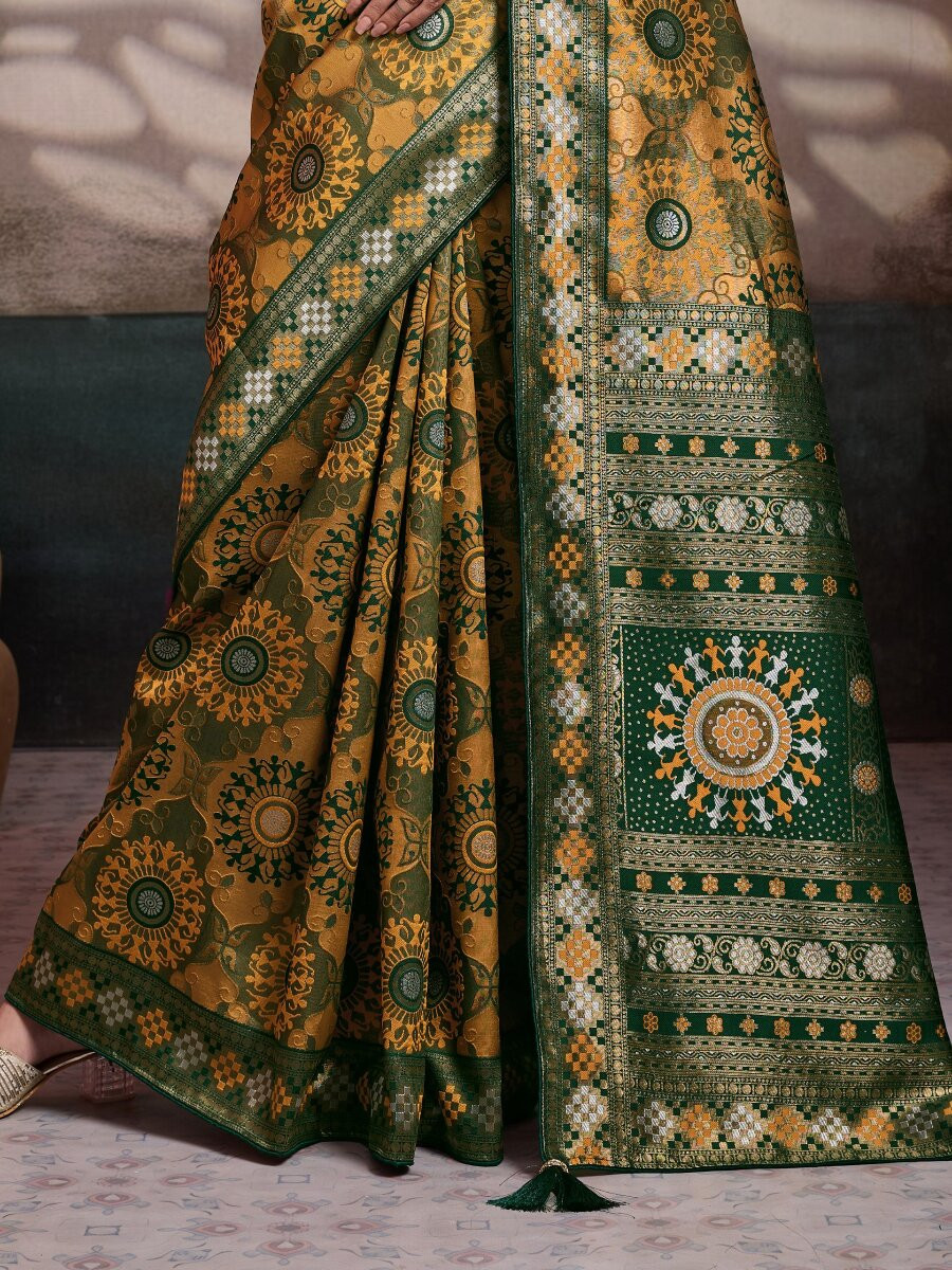 Mustard Soft Silk Zari Meenakari Woven Work Wedding Reception Party Festival Casual Heavy Border Sarees